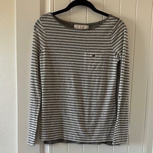LOFT Gray and White Striped Long Sleeve Tee